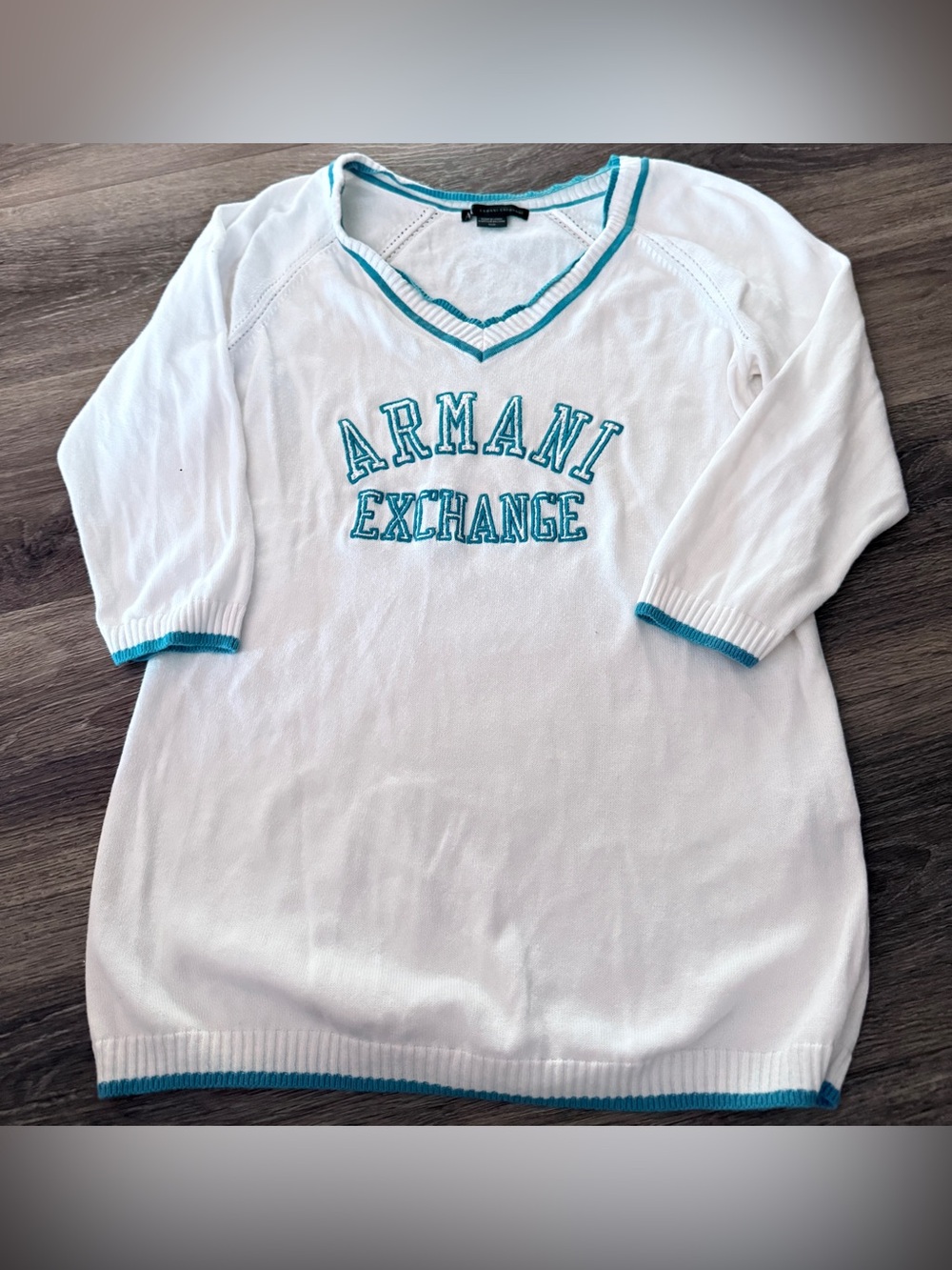 Armani Exchange White V-Neck Sweater with Teal Trim and Logo